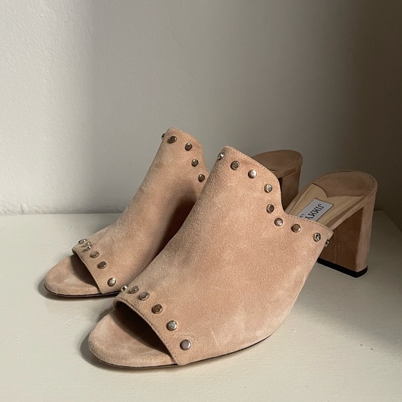 Jimmy Choo Myla Suede Studded Mules in Beige - Picture 1 of 4